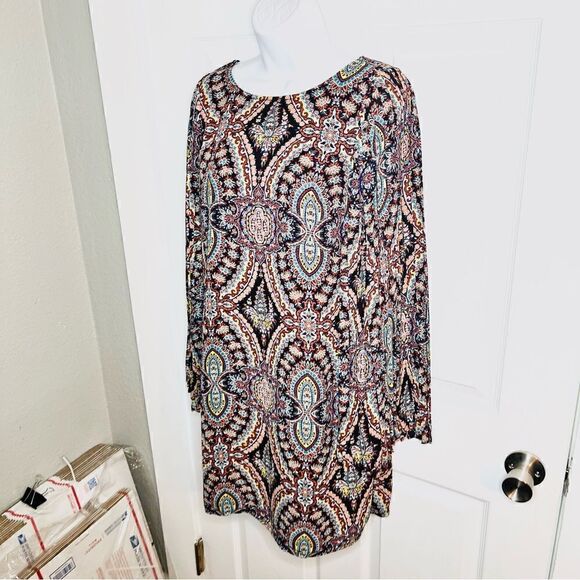 Love FIRE Pleated Wide Arm Shift Dress Mediterranean Stain Glass Print Multi M - Picture 3 of 10